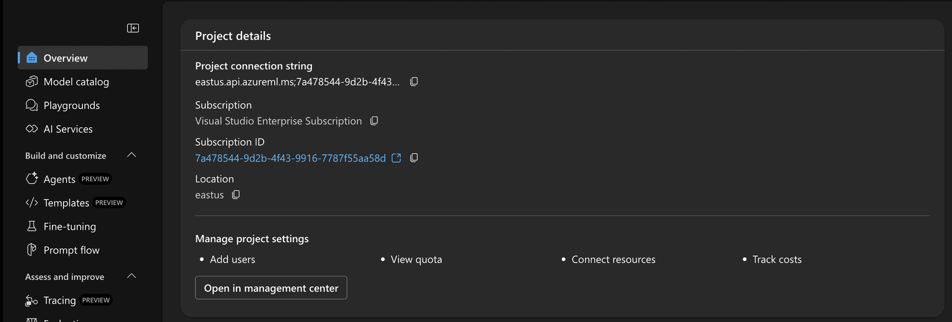 Project connection string in Azure AI Foundry Portal