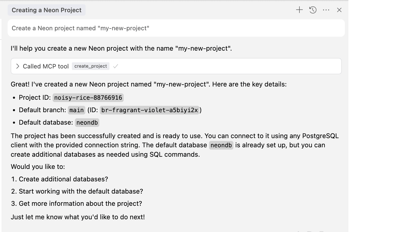Cursor creating a new Neon project